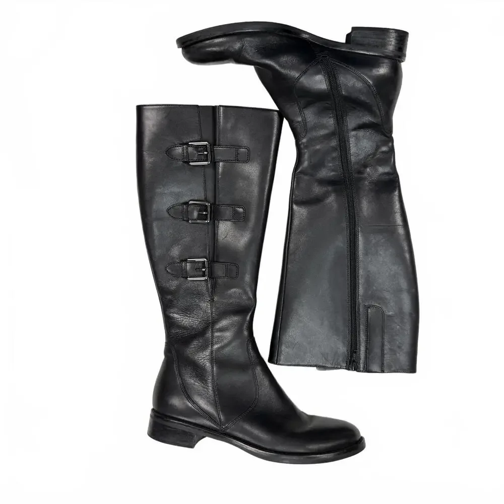 Black Women's Ecco full grain leather knee high moto buckle riding boots size 40
